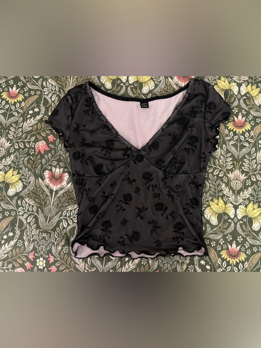 Shein Black Floral Mesh Short Sleeve Top